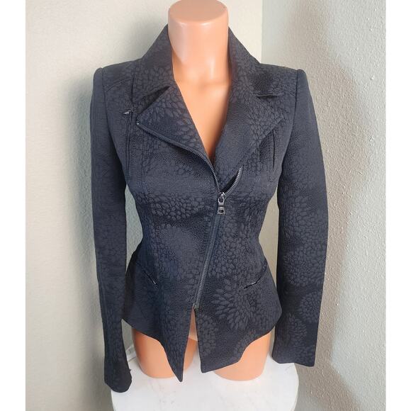 BCBGMAXAZRIA NWOT Black Asymmetrical Floral Texture Tailored Moto Blazer Jacket - Picture 1 of 12